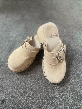 Jeffrey Campbell Beige Suede Studded Clog Mules with Buckle Detail